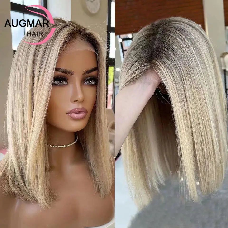 Short Ash Blonde 360 Lace Frontal Wig Brown Highlight Wig Human Hair 13x4 Straight Bob Wig Lace Front Human Hair Wigs For Women