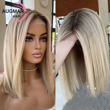 Short Ash Blonde 360 Lace Frontal Wig Brown Highlight Wig Human Hair 13x4 Straight Bob Wig Lace Front Human Hair Wigs For Women