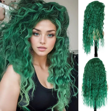 Green Wigs Costume for Women Synthetic Hair Long Curly Wig Natural Water Wave Hairstyles Thick Fluffy Hair Cosplay Wigs 28 Inch