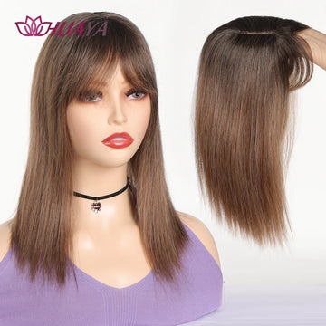 Synthetic Long Straight Topper Wig Clip in Hair Extensions Natural Fluffy Head Top Fake Hair Piece with Bang Clip Black  Brown