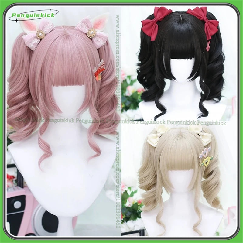 Long Curly Twin Ponytails Synthetic Wig Bangs Lolita Party Chic Girls Princess Black Pink Blonde Short Heat Resistant Hair